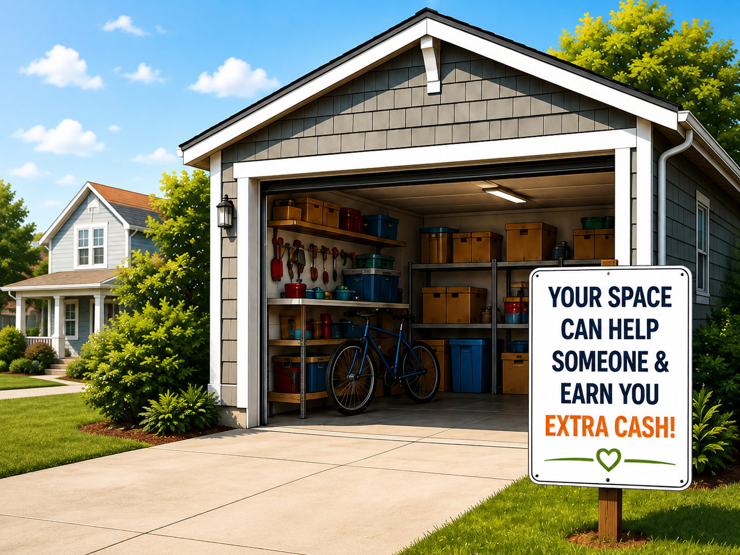 Clean open garage with storage space